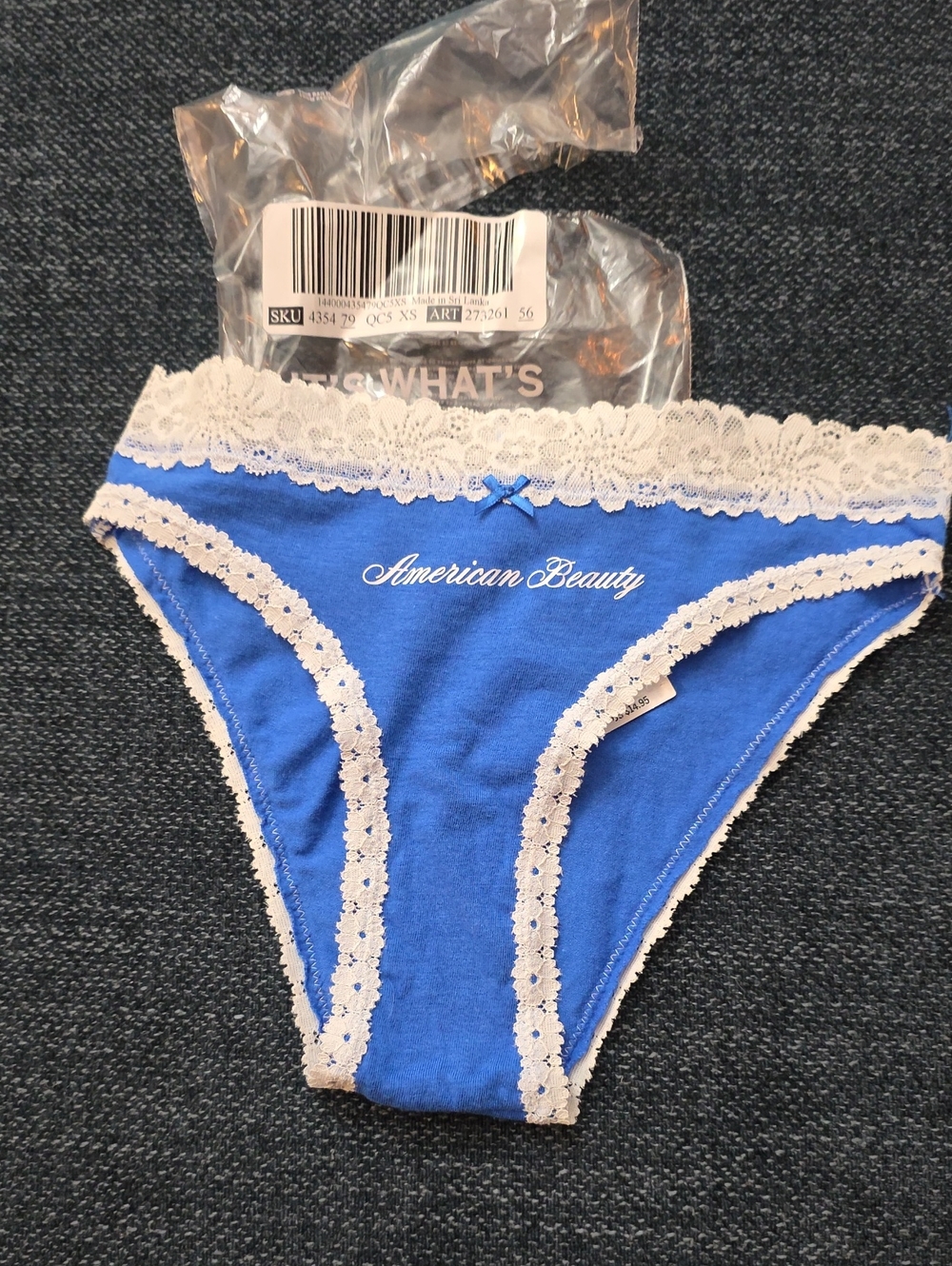 PINK Victoria's Secret Blue Bikini Panty with White Lace Trim